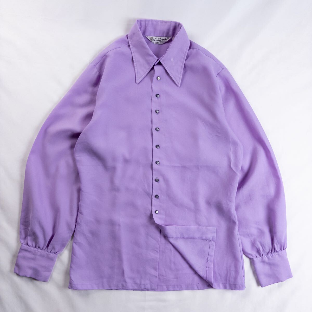 US Vintage 70s California 異素材 立体 シワ ドビー織り モード レトロ 単色 プレーン ラベンダー パープル ドレス シャツ ポリシャツ拍卖