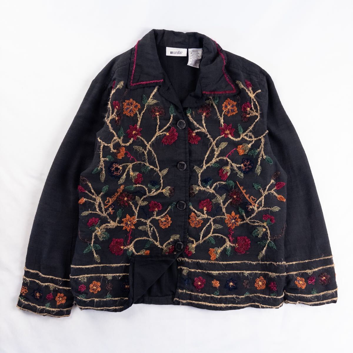 US Vintage 90s units シルク ポリ ドビー織り 刺繍 立体 3D 花柄 ボタニカル アート エスニック 民族 カスリ フェード 総柄ジャケット拍卖