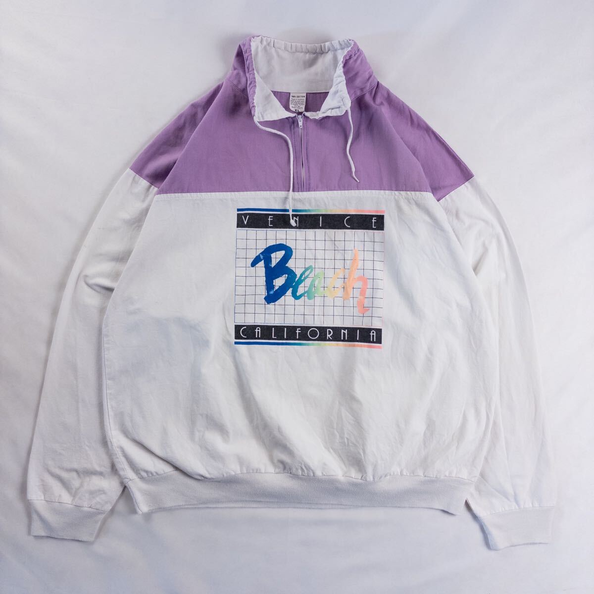 US Vintage アメリカ製 90s Unknown コットン100% ハーフジップ ベニス カリフォルニア ビーチ プリント レトロ リブ デザインシャツ拍卖