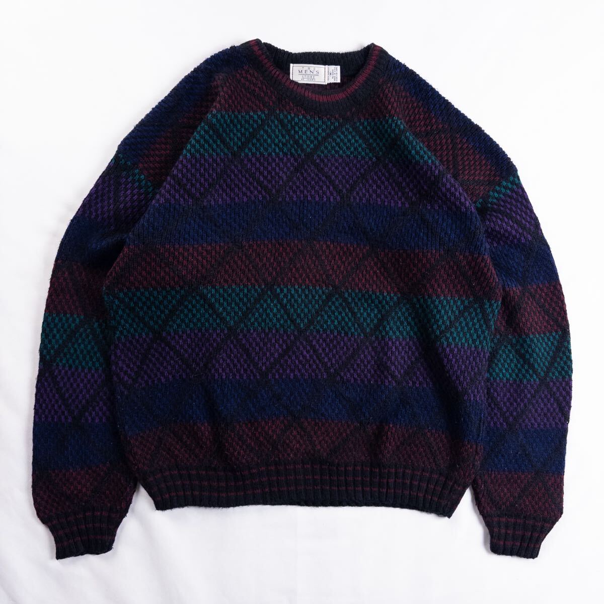 US Vintage アメリカ製 90s The Men's Store at Sears アーガイル ダイヤ ボーダー ドット アート 幾何学 クレイジーパターン 総柄ニット拍卖