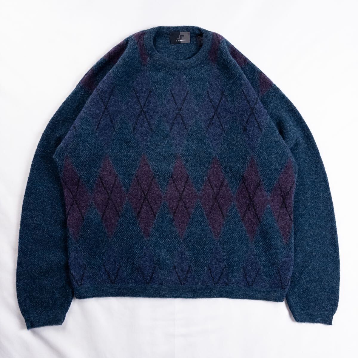 Euro Vintage イタリア製 80-90s J.Ferrar ウール アクリル ナイロン 好配色 異素材 ダイヤ アーガイル チェック アート 幾何学 総柄ニット拍卖