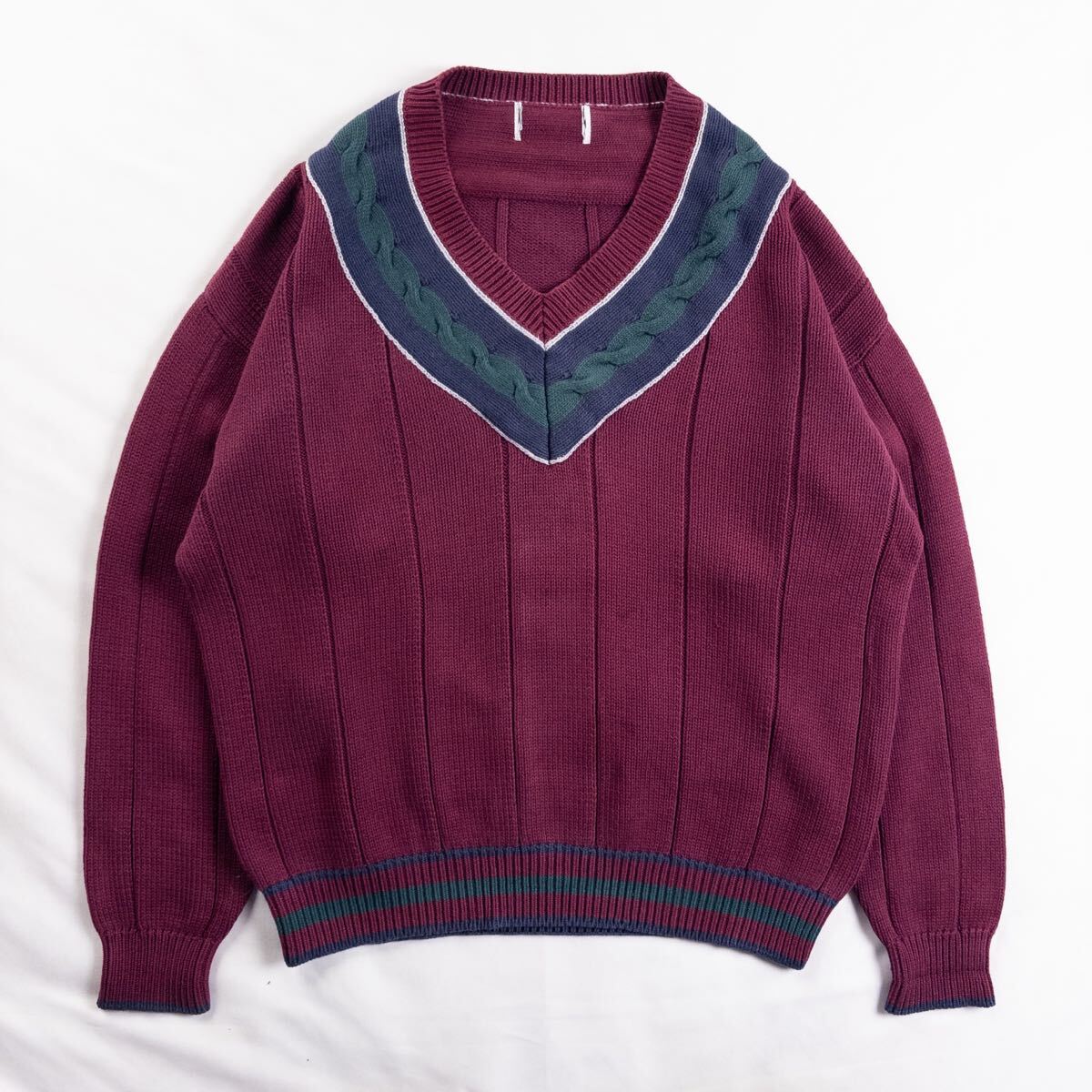 US Vintage 80-90s Unknown コットン Vネック 立体 3D 好配色 トラッド クラシック くすみカラー リブ編み レトロ チルデンニット拍卖