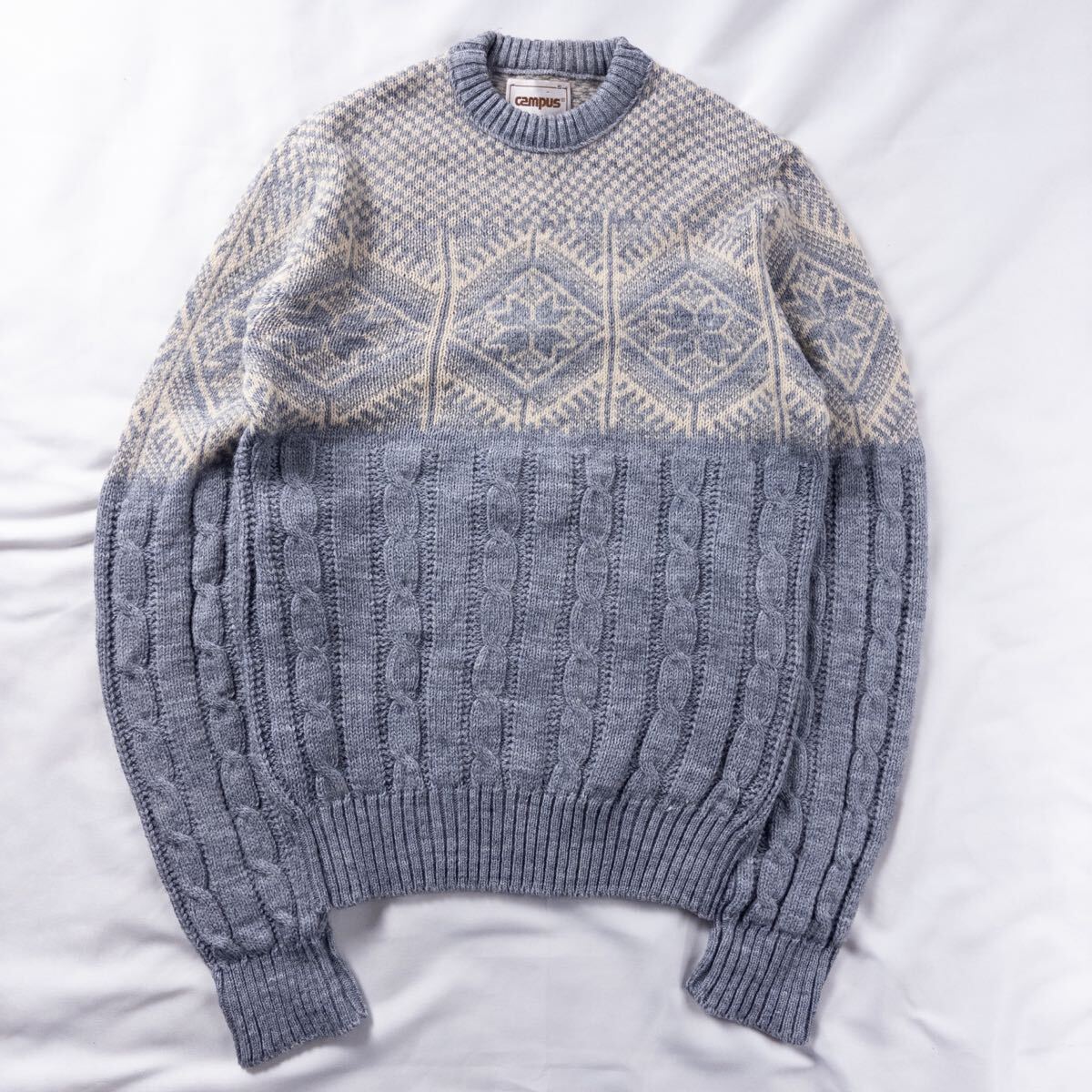 US Vintage 80s アメリカ製 CAMPUS アクリル くすみカラー 立体 3D ケーブル 縄編み ノルディック 民族 エスニック グレー 総柄ニット拍卖