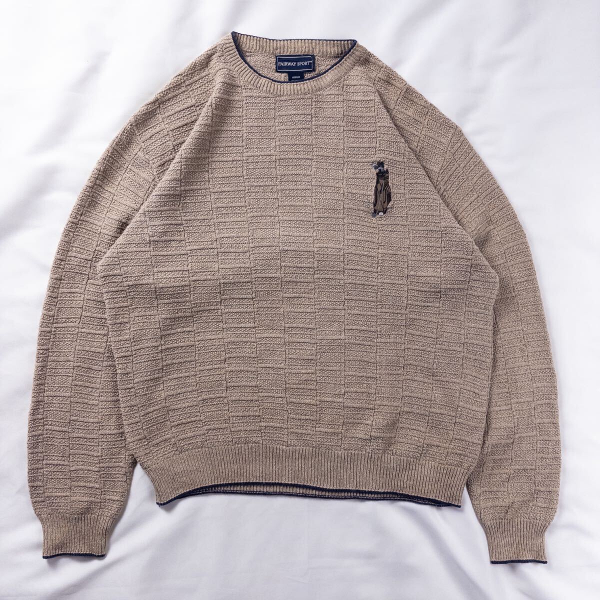 US Vintage アメリカ製 90s FAIRWAY SPORT コットン アクリル 立体 くすみカラー ブラウン 刺繍 ゴルフ レトロ ブロック 格子 総柄ニット拍卖