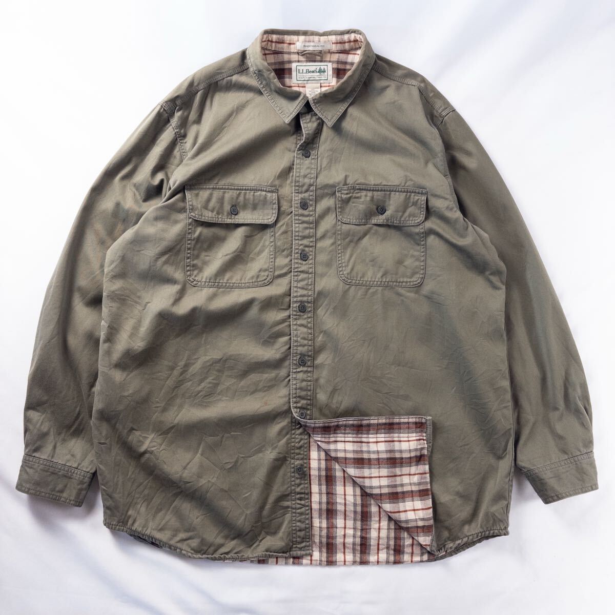 US Vintage 00s L.L.Bean エルエルビーン コットン ネル ツイル トラッド アウトドア ワーク オリーブ 厚手 シャツジャケット カバーオール拍卖