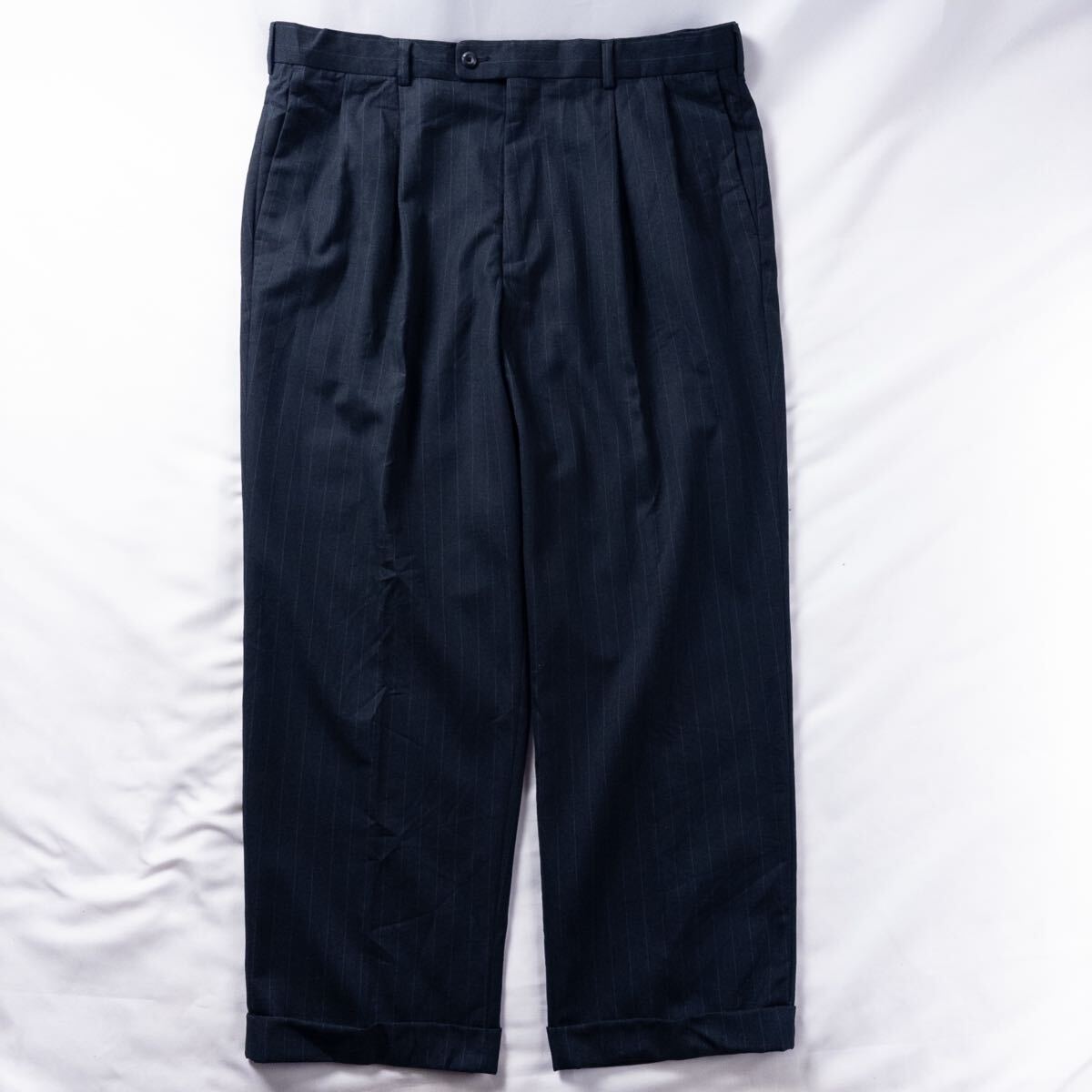 US Vintage 00s AXIST ポリ レーヨン ヘリンボーン 2タック ストライプ ドレープ ダークネイビー ワイド ドレス スラックス トラウザーズ拍卖