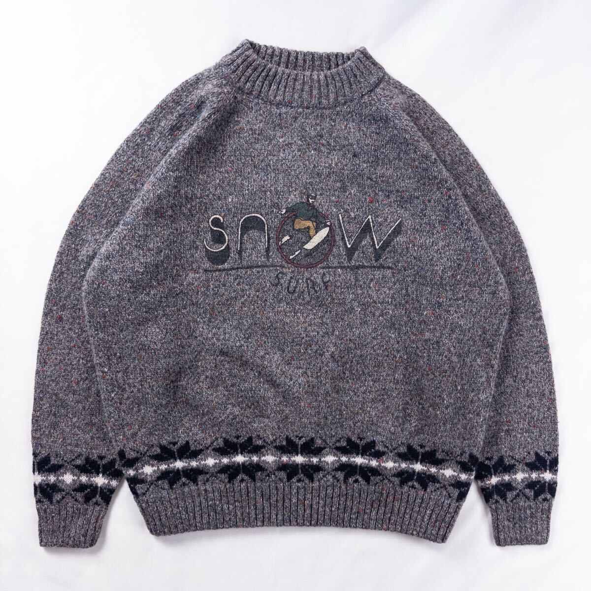 Euro Vintage 80s GIN TONIC SPORTS WEAR ウール アクリル モックネック ラグラン ノルディック柄 プリント レトロ ネップ メランジ ニット拍卖