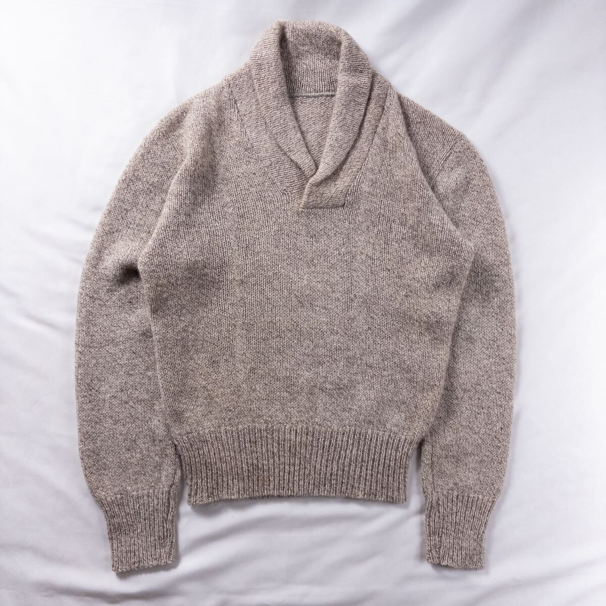 Vintage 80-90s Unknown ウール ショールカラー ミックスカラー メランジ プレーン ギミック クラシック トラッド レトロ デザインニット拍卖