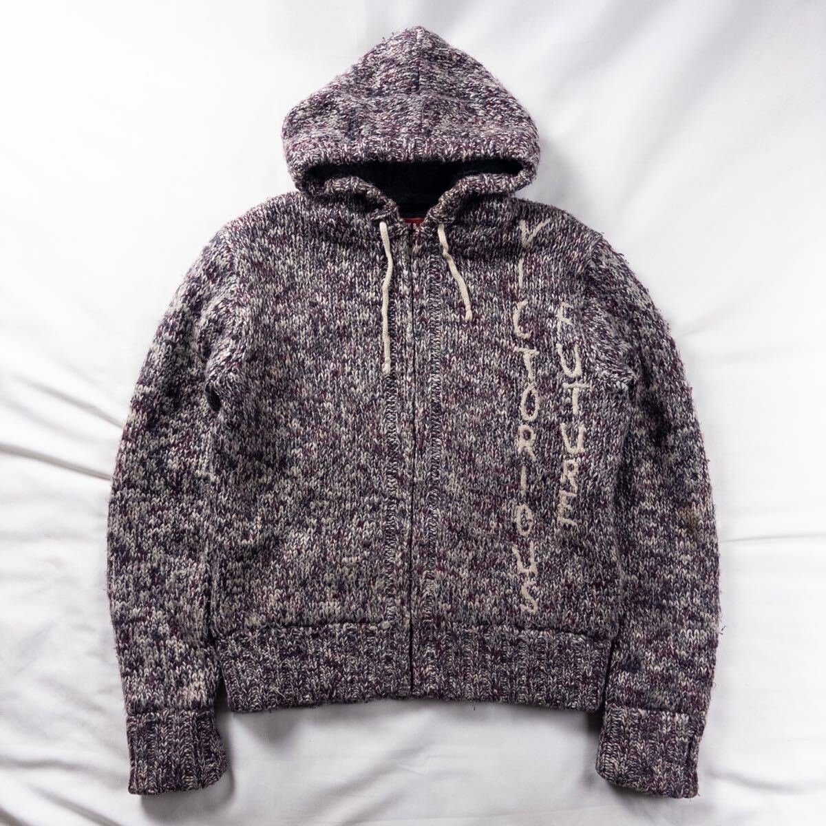 US Vintage JACK&JONES ポリエステル100% レトロ 刺繍 メランジ 内ボア 厚手 ジップアップ ニットジャケット フーディ拍卖