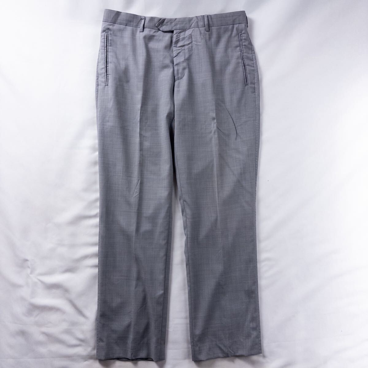 US Vintage Unknown ウール100% ノータック 異素材 ドライタッチ カスリ ドレープ レトロ グレー ワイド ドレス スラックス トラウザーズ拍卖