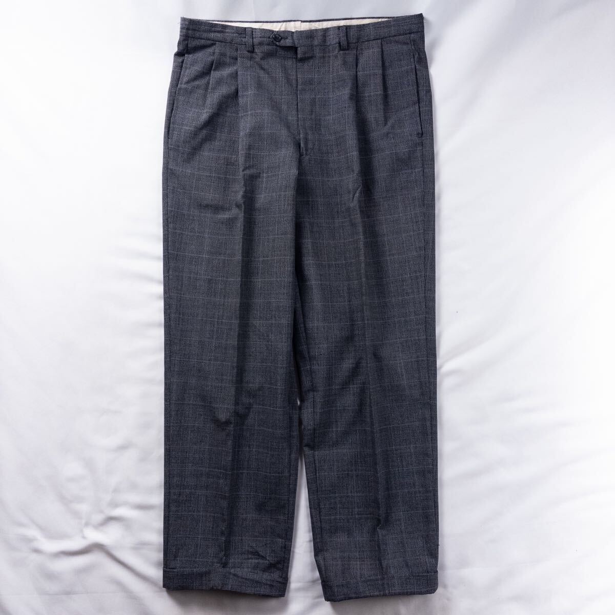 US Vintage 80s Unknown ウール ツータック グレンチェック レトロ クラシック トラッド グレー ワイド ドレス スラックス トラウザーズ拍卖