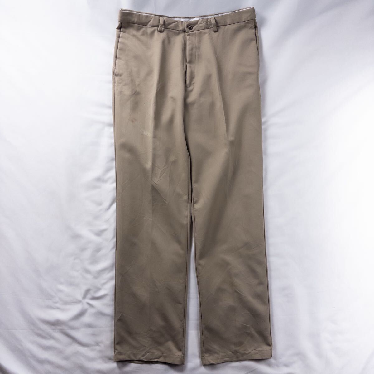 US Vintage 00s HAGGAR ポリ ツイル ノータック とろみ ドレープ ブラウン カーキ ワイド ドレス デザインスラックス トラウザーズ拍卖