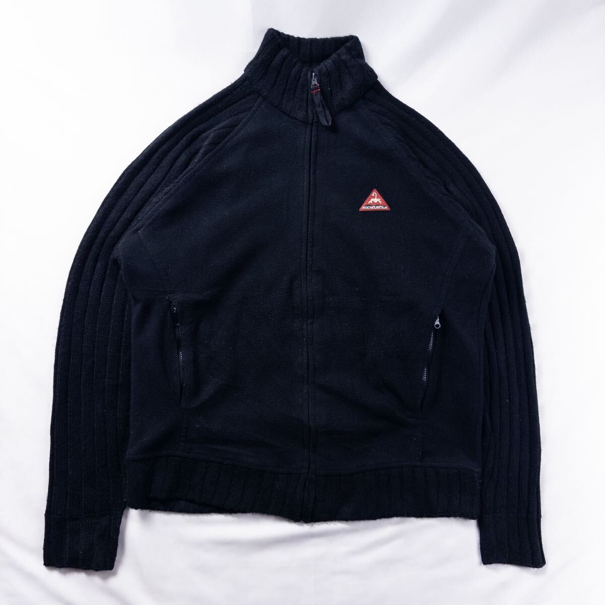 US Vintage 90s ATLAS for men ポリ ラグラン ニットスリーブ ロゴパッチ アウトドア ブラック 黒 ジップアップ フリースジャケット拍卖