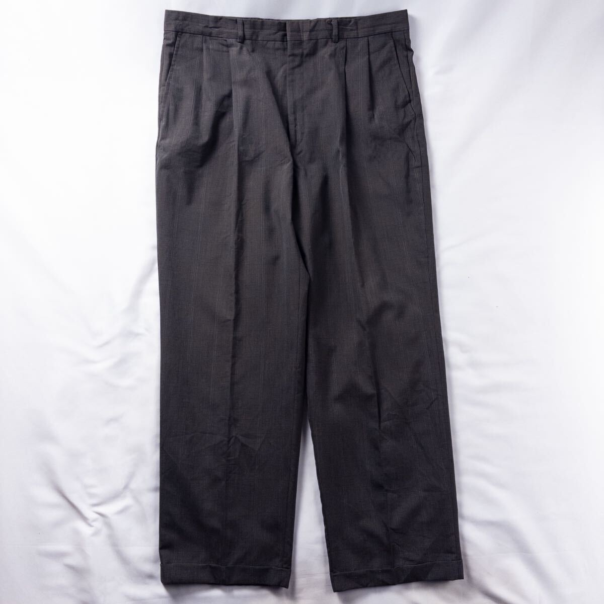 US Vintage 80-90s Unknown ツータック ドライタッチ グレンチェック サスペンダー トラッド ワイド ドレス ウールスラックス トラウザーズ拍卖