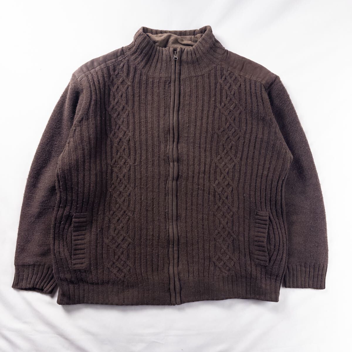 US Vintage 90s ATLAS アクリル ウール 立体 ケーブル 縄編み クラシック トラッド ブラウン フリース 短丈 ジップアップ ニットジャケット拍卖