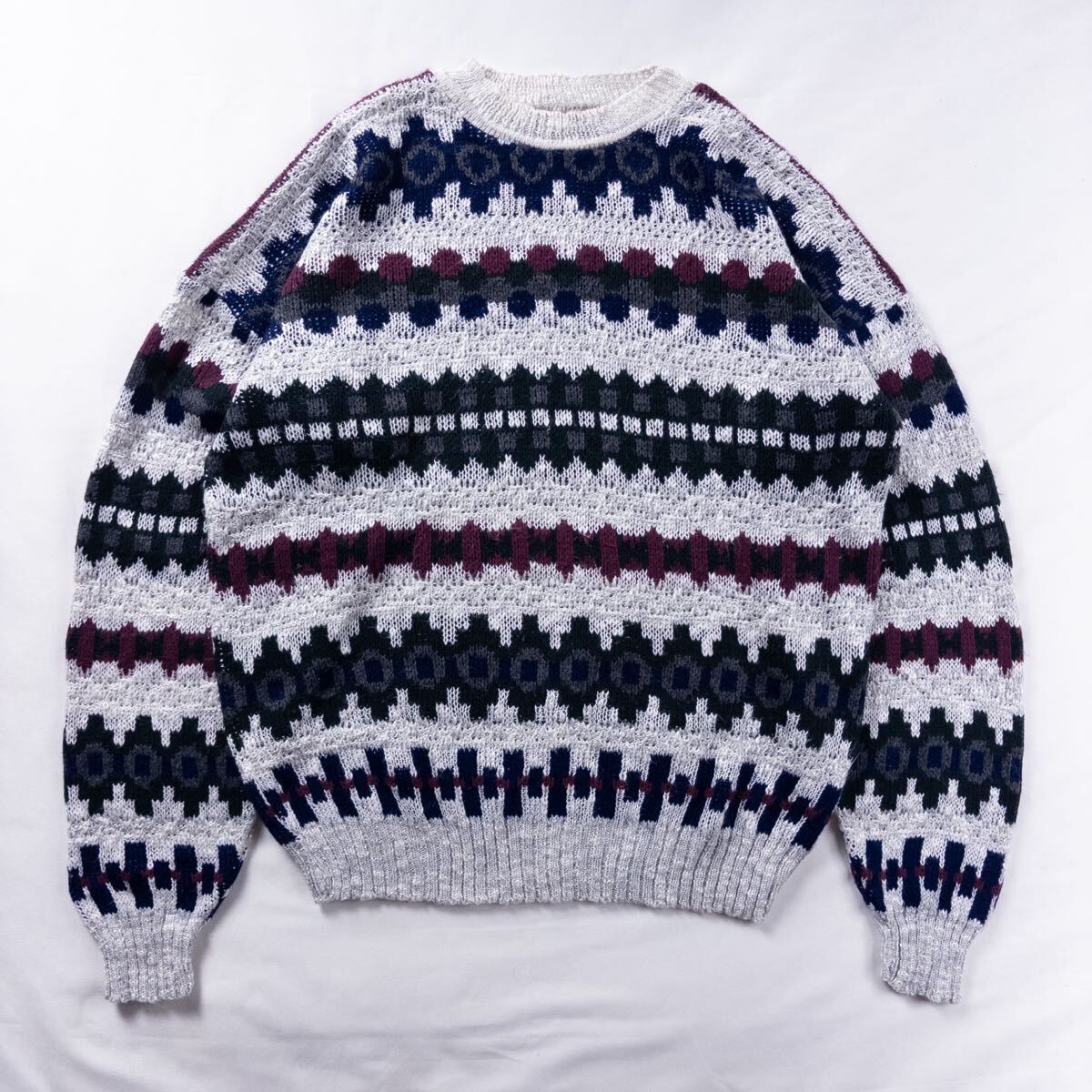 US Vintage アメリカ製 90s EXCHANGE UNLIMITED アクリル マルチカラー エスニック 幾何学 アート 装飾 ボーダー ローゲージ 総柄ニット 拍卖