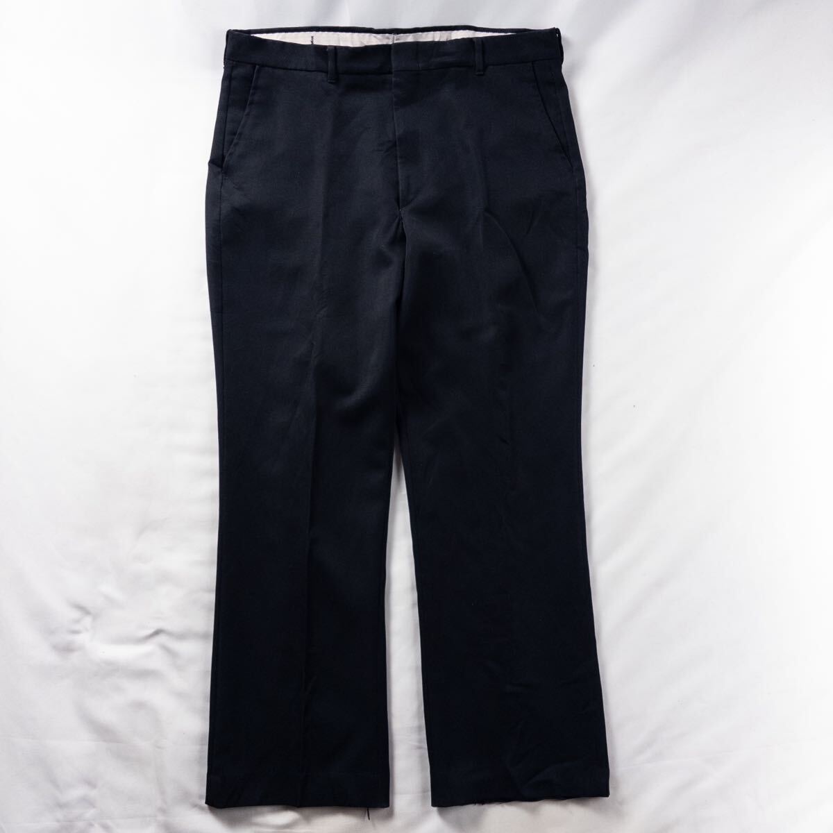 US Vintage 70s Unknown ポリ ツイル ノータック ドレープ レトロ タロン TALON ブラック フレア ワイド ワーク スラックス トラウザーズ拍卖