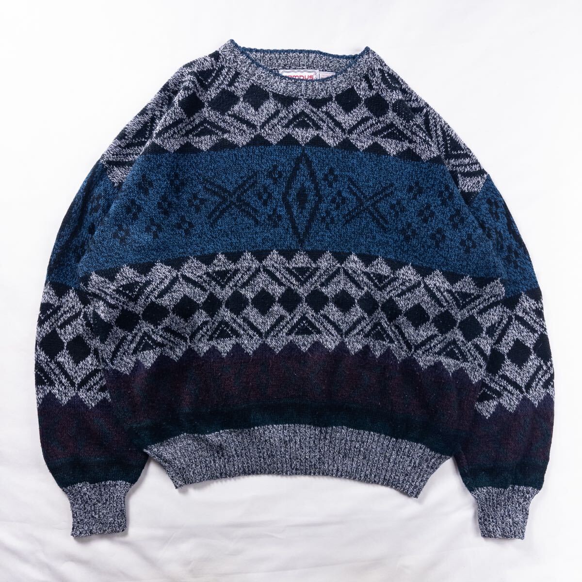 US Vintage 90s CAMPUS アクリル 幾何学模様 アート アーガイル ダイヤ ダマスカス ボーダー メランジ オーバーサイズ 総柄 デザインニット拍卖