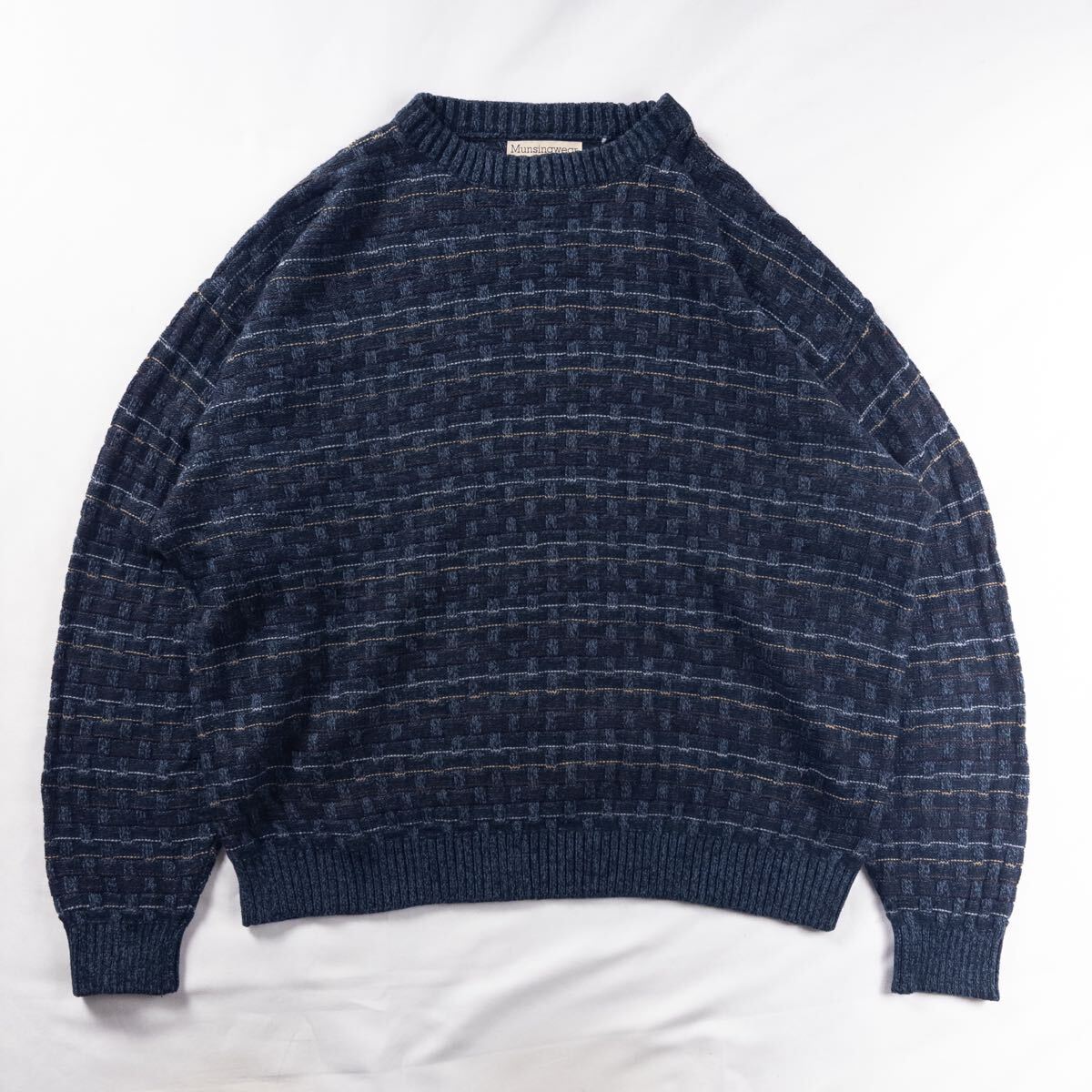 US Vintage 90s Munsingwear アクリル 立体 3D ブロック エスニック アート マルチカラー ボーダー ネイビー 紺 オーバーサイズ 総柄ニット拍卖
