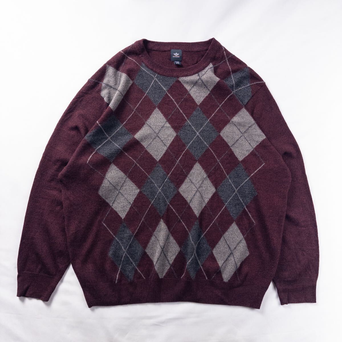 US Vintage 00s DOCKERS アクリル100% アーガイル ダイヤ クラシック トラッド 臙脂 ボルドー メランジ 総柄 デザインニット拍卖