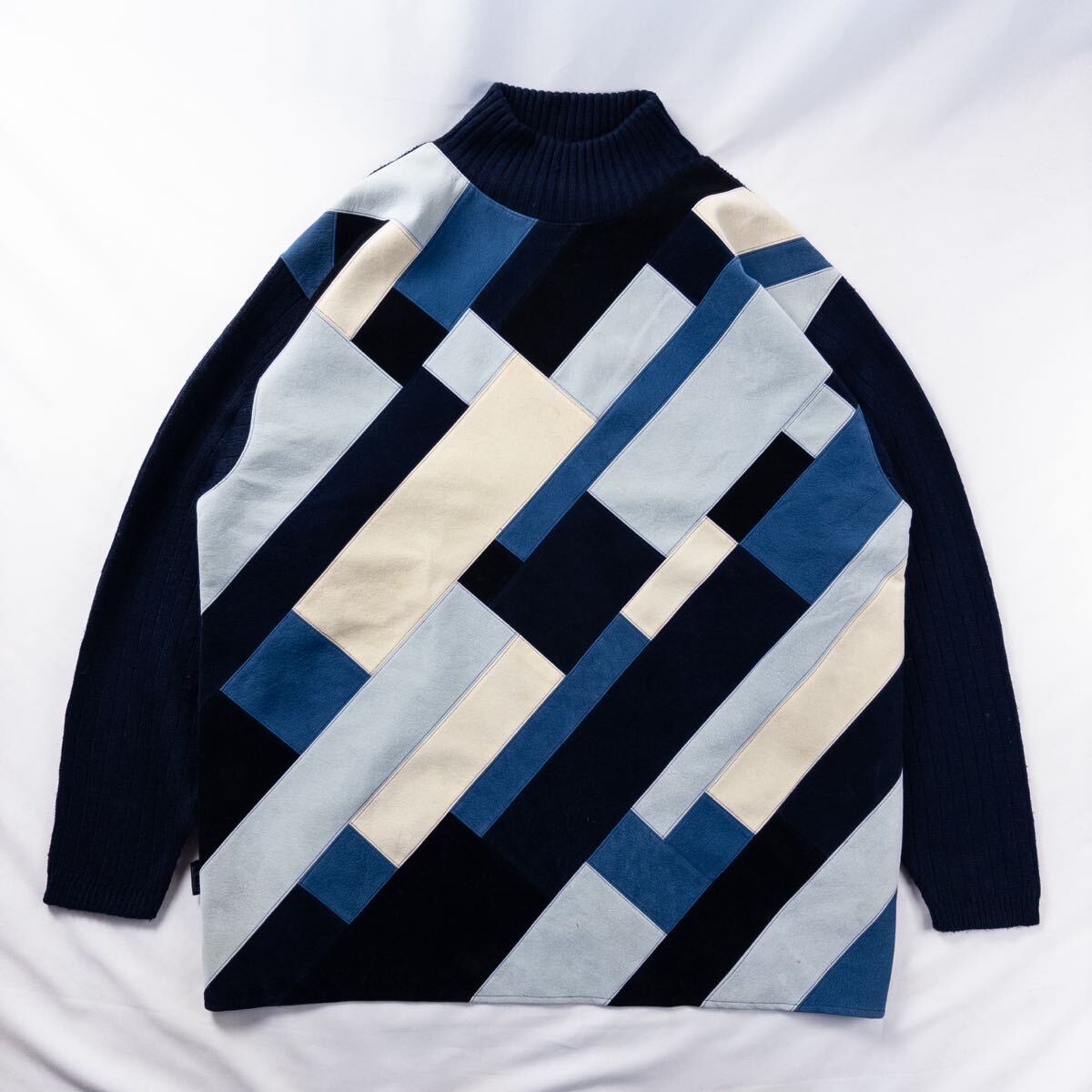 US Vintage 90s KOMAN SPORT ポリ アクリル100% ハイネック 異素材 起毛 フェイクスエード パッチワーク 切り替え アート 総柄ニット拍卖