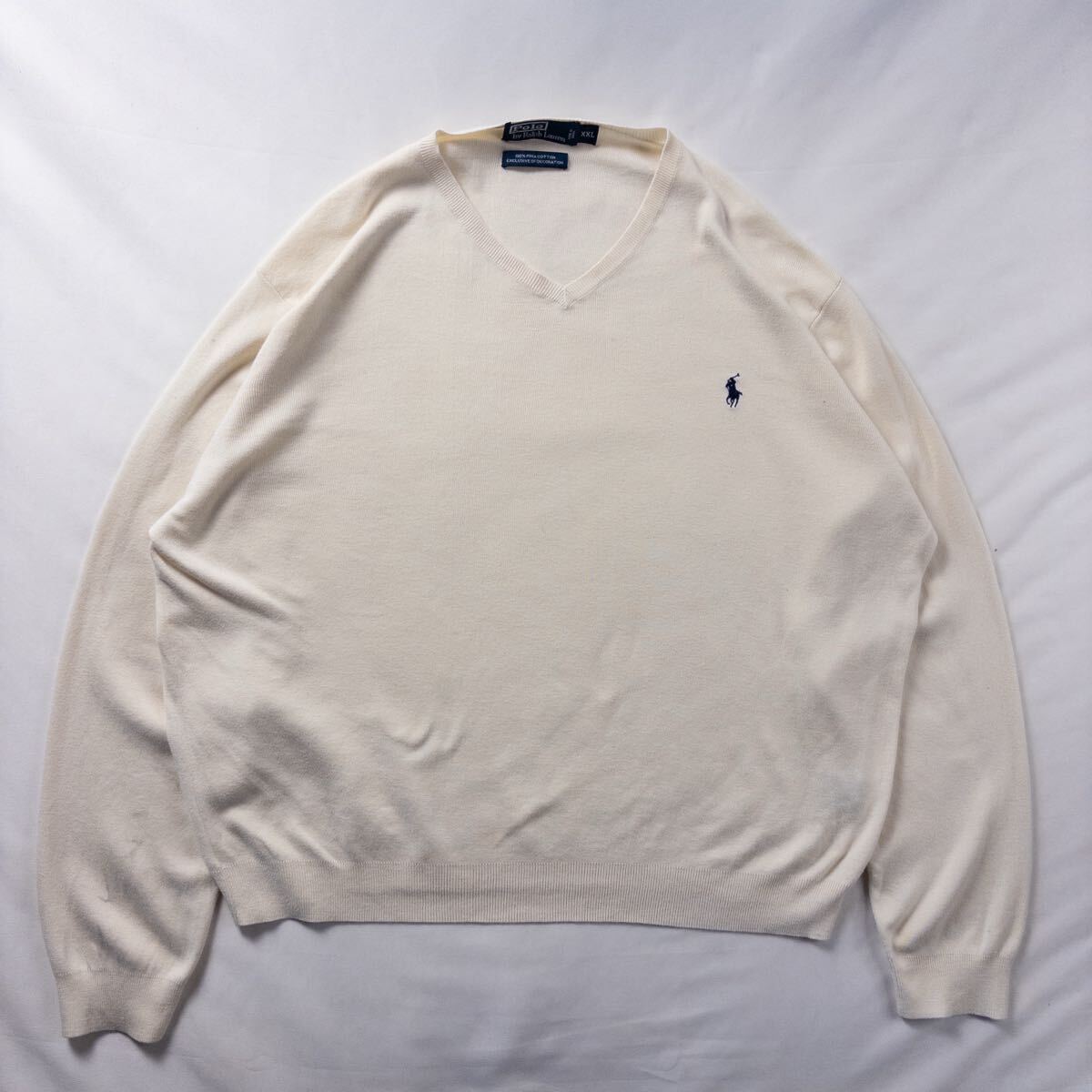 US Vintage 90s Polo Ralph Lauren ポロ ラルフローレン コットン Vネック 刺繍 ロゴ トラッド 単色 プレーン クリーム アイボリー ニット拍卖
