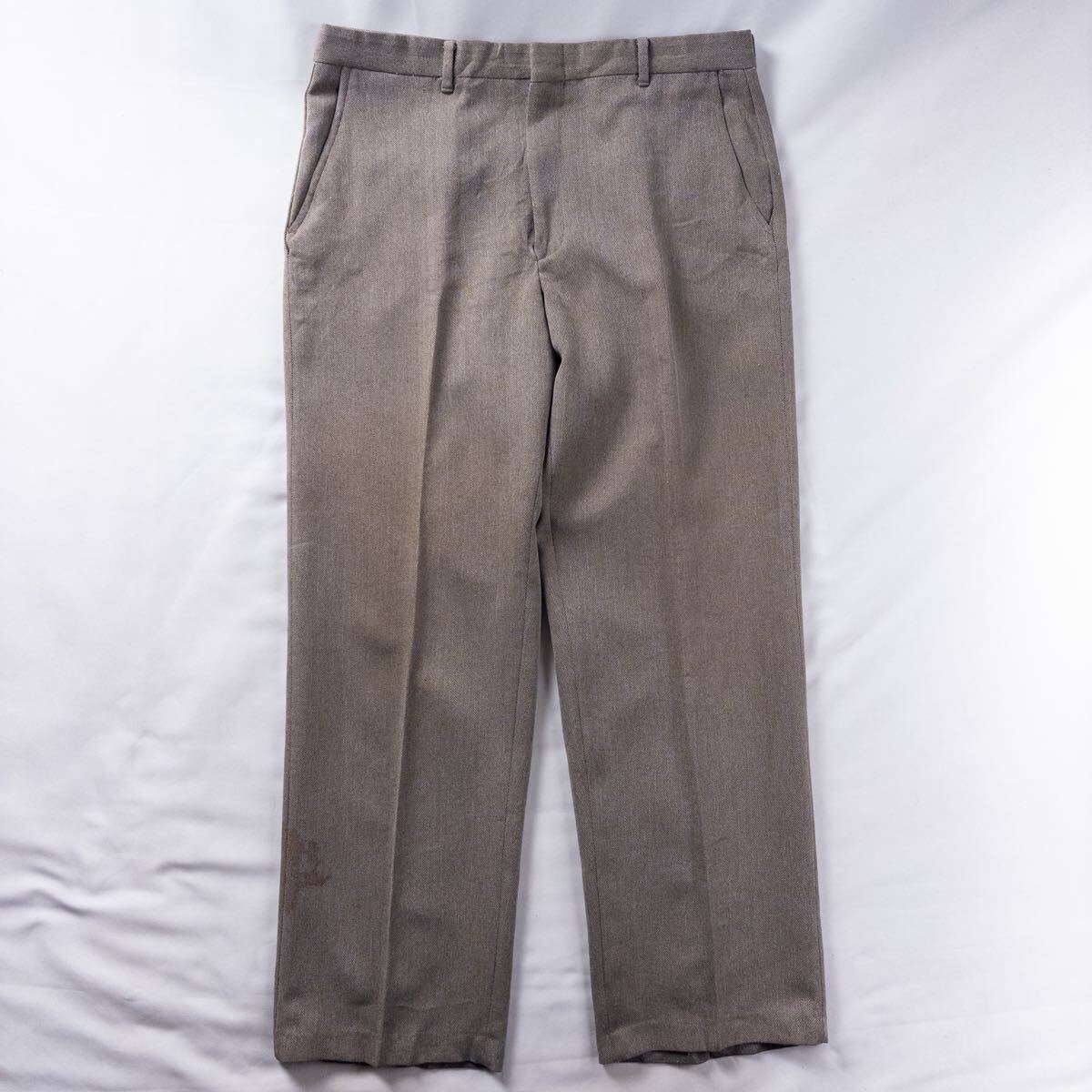 US Vintage 80s Unknown ウール ヘリンボーン ノータック ドレープ ロケットタロン TALON ブラウン ワイド ドレス スラックス トラウザーズ拍卖