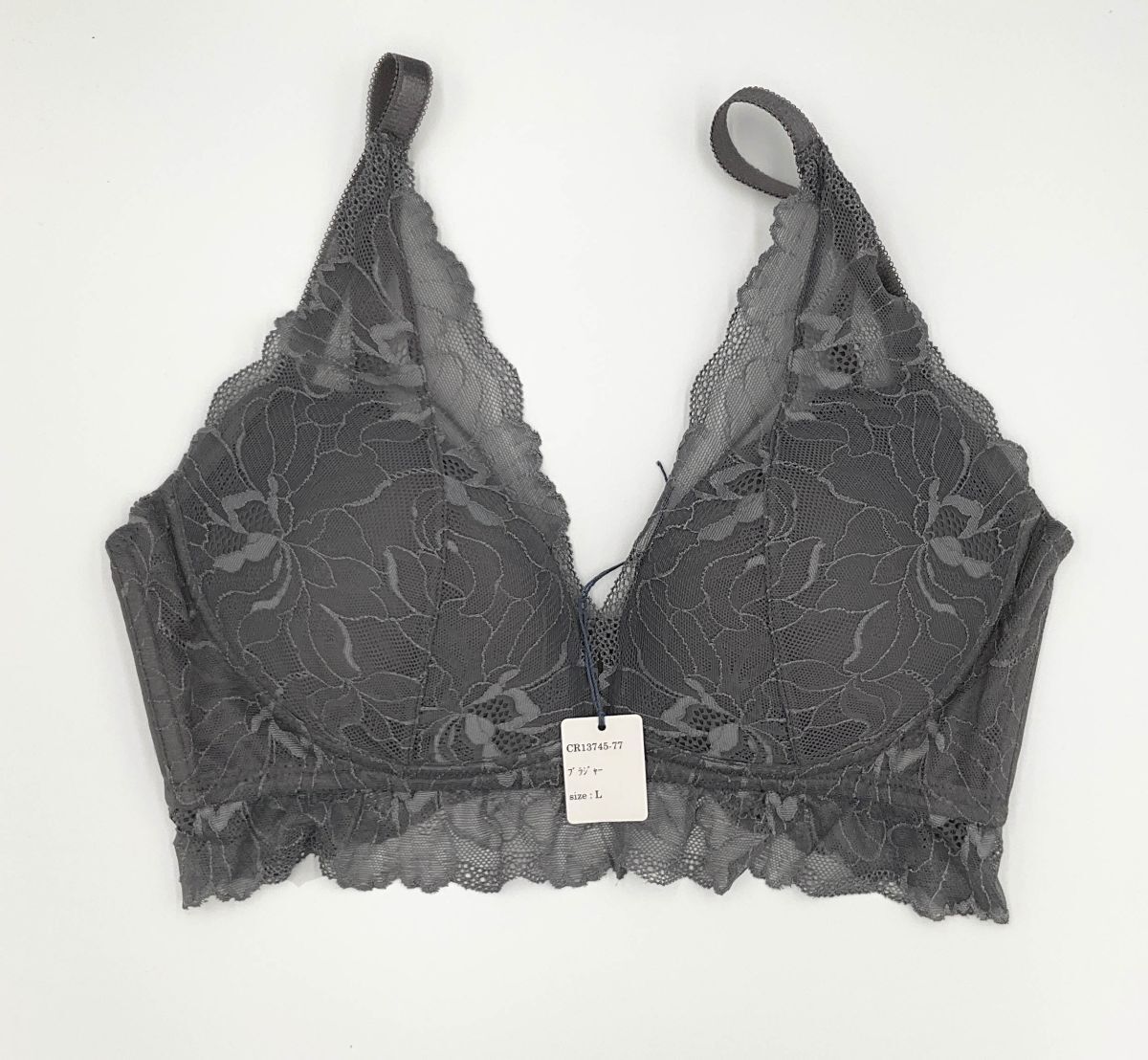 CR13745-77 IB⑥【特価】新品 ブラジャー L 1枚 グレー レース 花柄 刺しゅう ノンワイヤー ストレッチ レディース拍卖