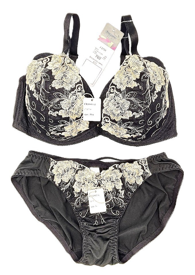 CR16814 IB⑦【特価】新品 大きい ブラショーツセット F80/L 1セット ブラック レース 花柄 脇高 刺繍 ストレッチ レディース拍卖