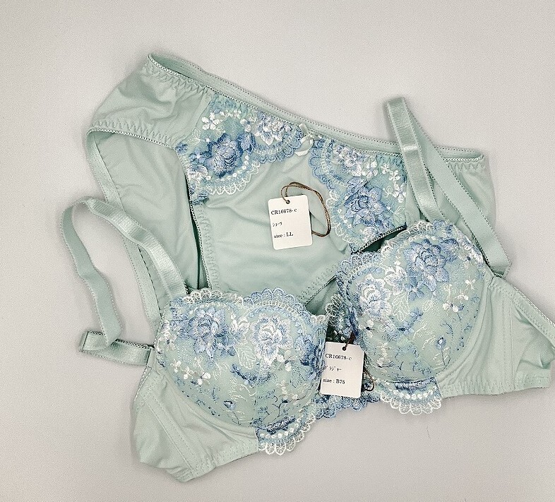 CR16678 IB⑦【特価】新品 ブラショーツセット B75/LL 4セット ライトブルー レース 花柄 リボン脇高 刺繍 3/4カップ レディース拍卖