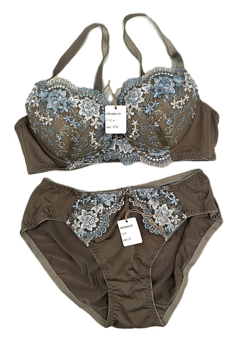 CR16604 IB⑦【特価】新品 ブラショーツセット 4色4枚セット C75/L ブラック 花柄 レース 脇高 3/4カップ レディース拍卖
