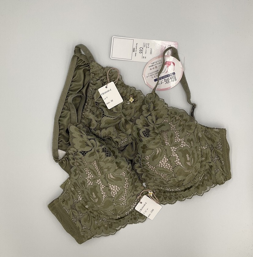 CR16440 IB⑦【特価】新品 ブラショーツセット C65/M カーキ 花柄 レース 脇高 刺しゅう チャーム フルカップ レディース拍卖