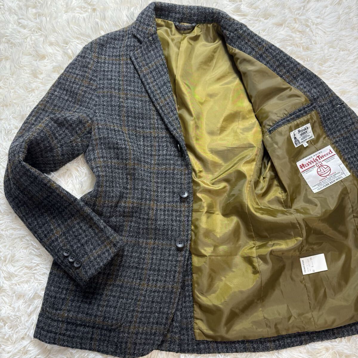美品/希少L フリークスストア ハリスツイード Harris Tweed ツイード チェック ウール100% テーラードジャケット グレー FREAK'S STORE拍卖