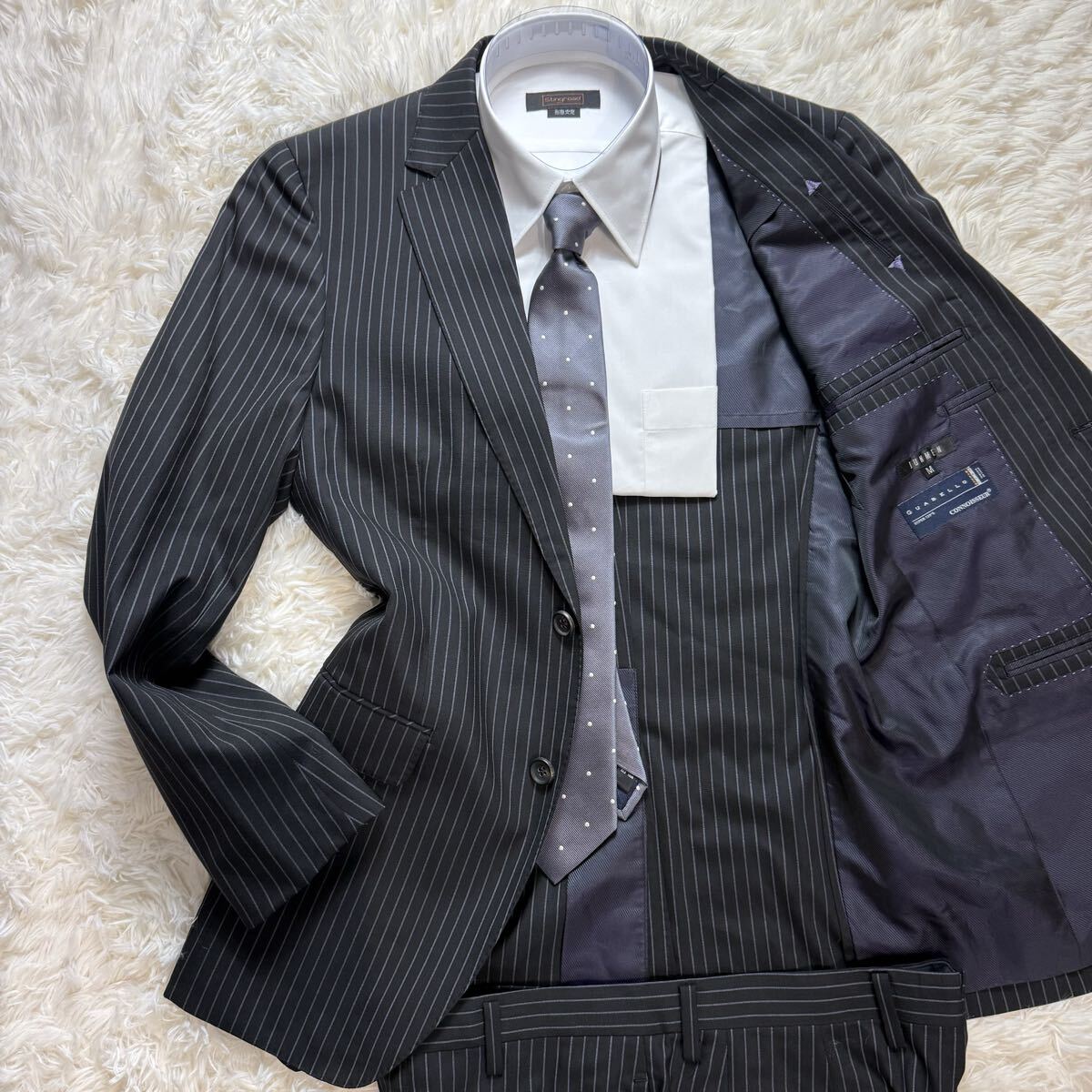 美品 ジュンメン スーツ セットアップ グアベロ GUABELLO ダークネイビー Super120'S ウール100% M メンズ 微光沢 ストライプ JUNMEN 拍卖