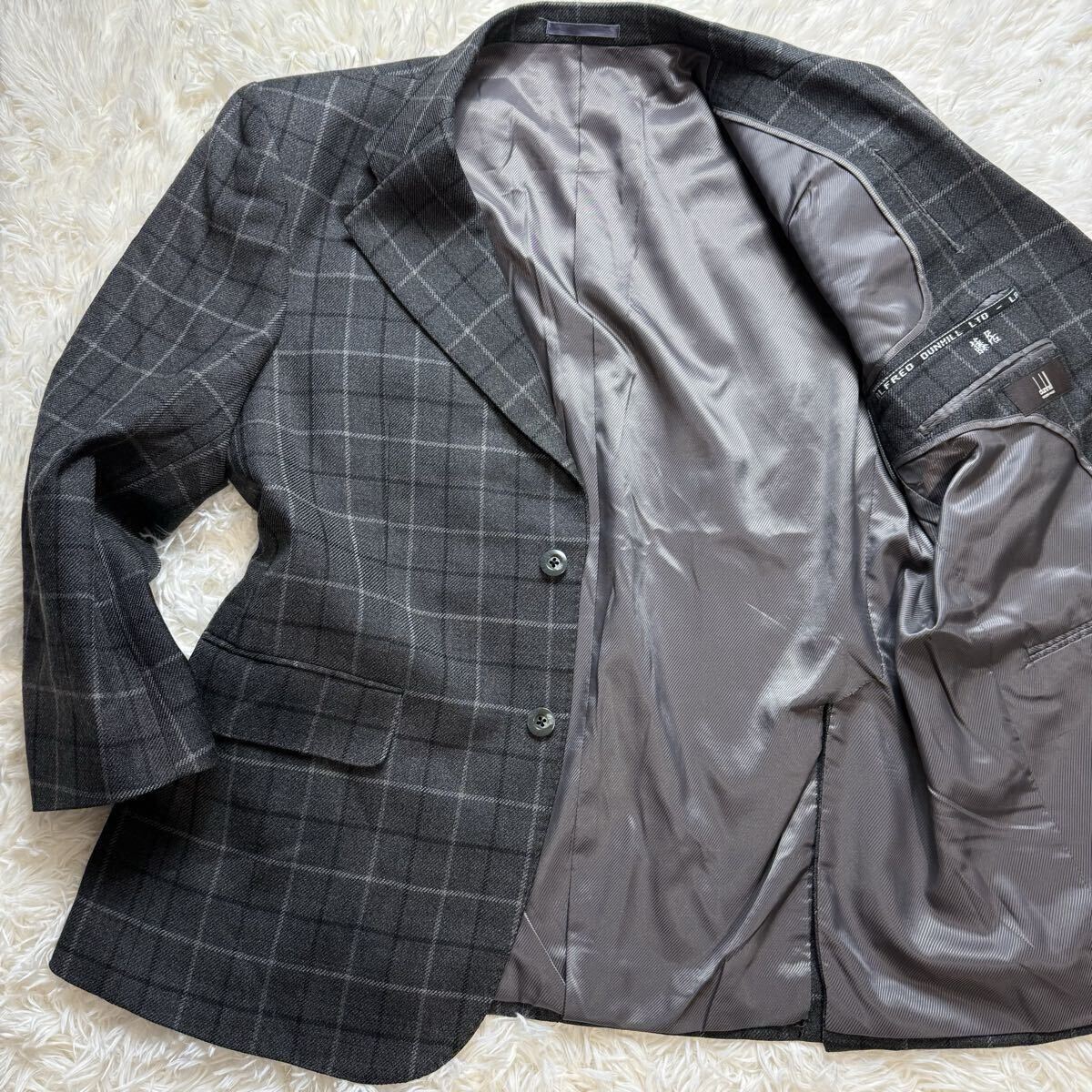 美品/カシミヤ混 ダンヒル テーラードジャケット ブレザー チェック BB4 M~L ウール グレー メンズ 春秋冬 Dunhill拍卖