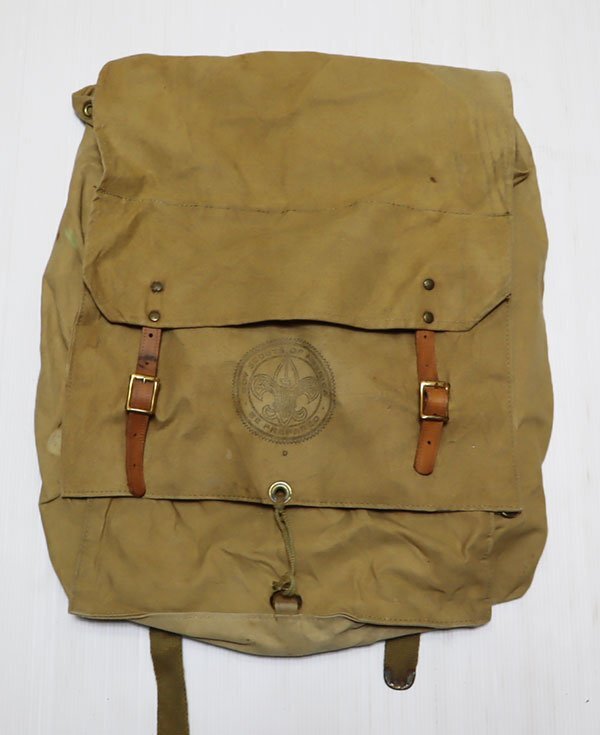 GO9ボーイスカウトアメリカBSAアメリカ古着リック60’Sビンテージ薄茶系バックパック頒布キャンバスxレザー革ストラップ/リックサック拍卖