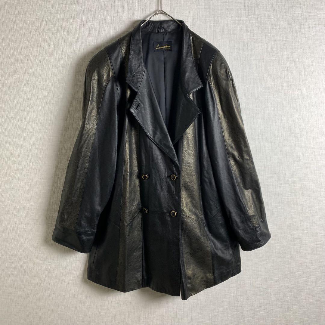 レザージャケット アウター ダブルブレスト ラムレザー 羊革 ツートーン 柄 お洒落 大きめ 美品 メンズ 古着拍卖