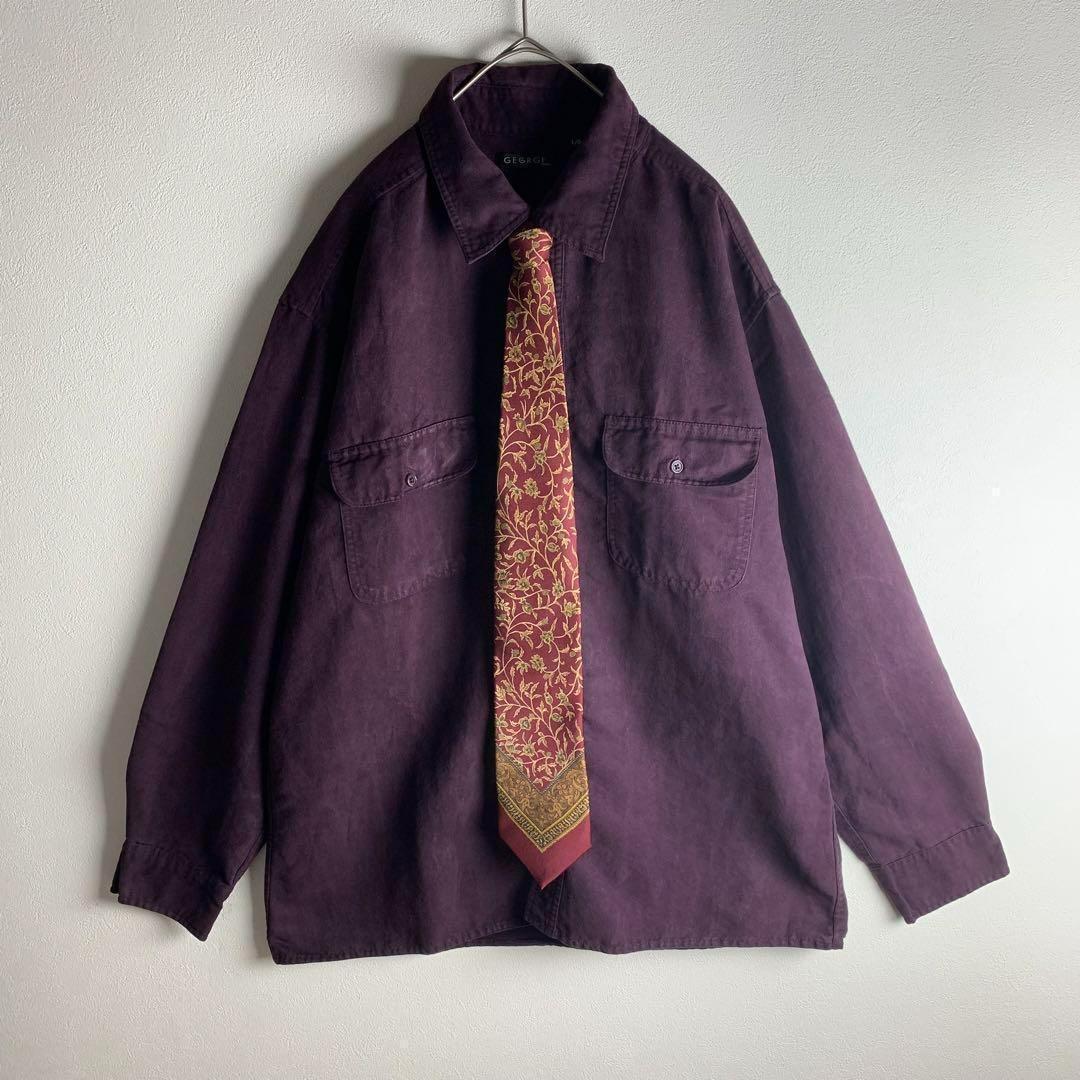 ネクタイシャツ 長袖シャツ ワインレッド スエードライク フェイクスエード XL相当 ネクタイ ボタニカル柄 絹 シルク メンズ ゆるだぼ 古着拍卖