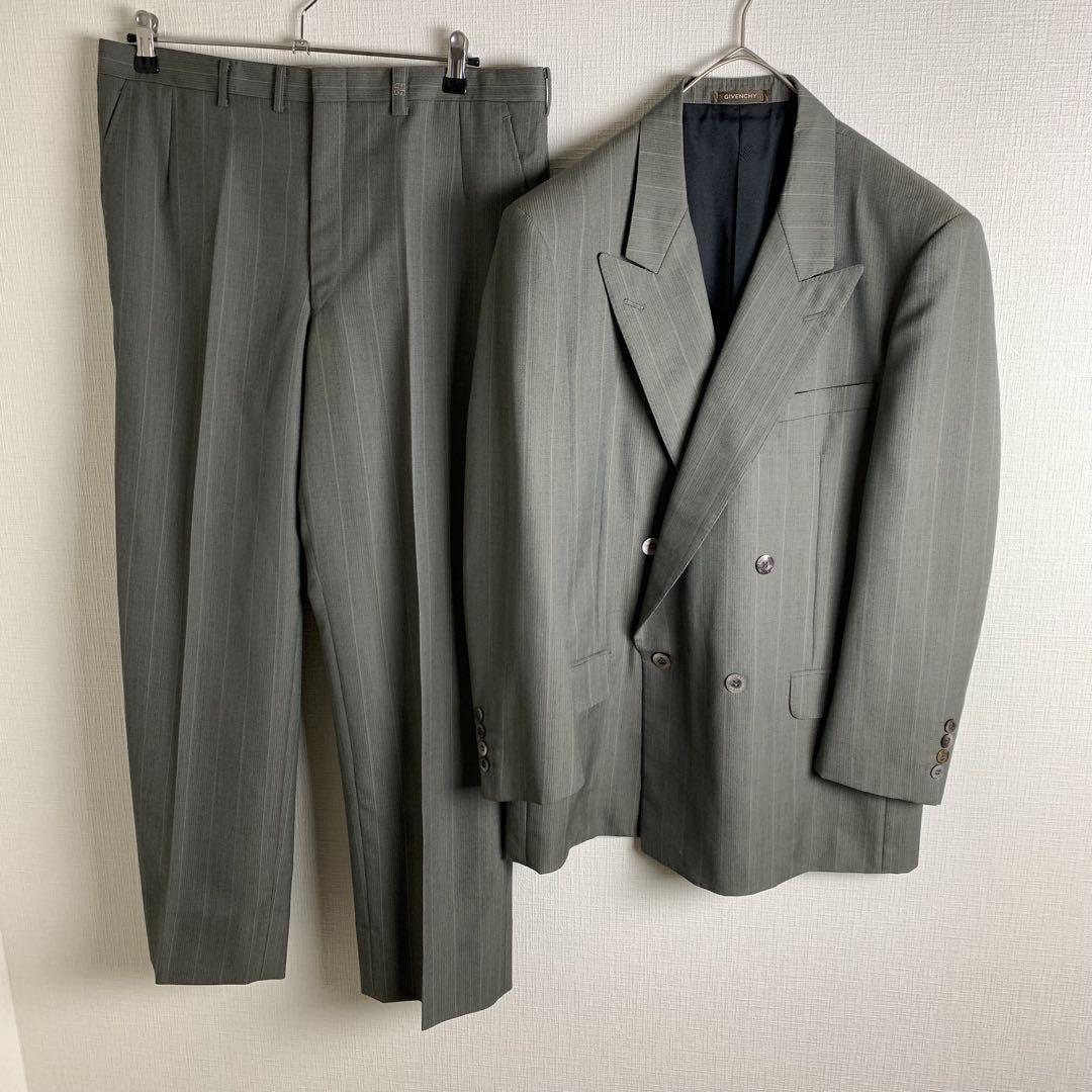 セットアップ スーツ L相当 ダブルブレスト カーキ ストライプ ロゴボタン ジバンシー givenchy メンズ ウール セレモニー 古着拍卖