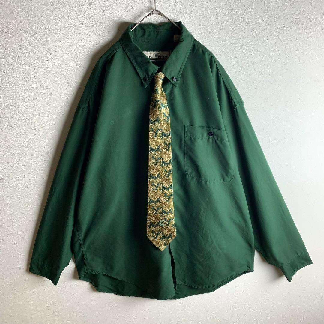 長袖シャツ ネクタイシャツ セット グリーン 緑 ネクタイ ペイズリー柄 総柄 レトロ XL相当 ゆるだぼ メンズ 古着拍卖