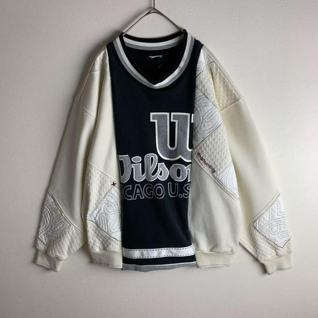 リメイクスウェット トレーナー 再構築 刺繍 クリーム色 黒 ゆるだぼ お洒落 モノトーン系 L相当 ユニセックス ストリート 古着拍卖
