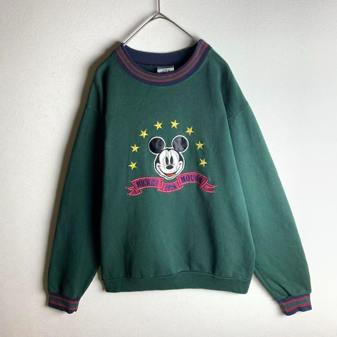 スウェット トレーナー レトロミッキー Disney ディズニー ダークグリーン 緑 刺繍 リブライン ユニセックス 古着拍卖