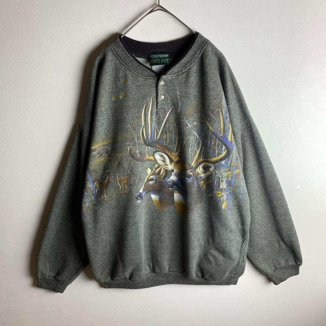 スウェット トレーナー アニマルプリント 鹿 ハーフボタン ヴィンテージ感 ポケット XL相当 ゆるだぼ ユニセックス メンズ 古着拍卖