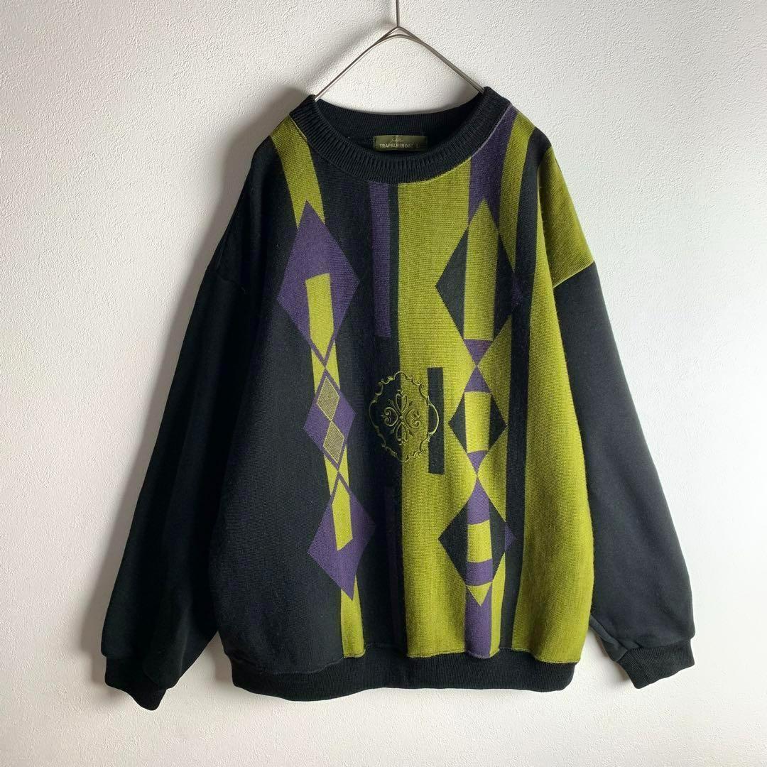 ニット セーター アーガイル柄風 アシンメトリー 刺繍 黄色 黒 紫 イエロー ブラック パープル レトロ 美品 ユニセックス メンズ 古着拍卖
