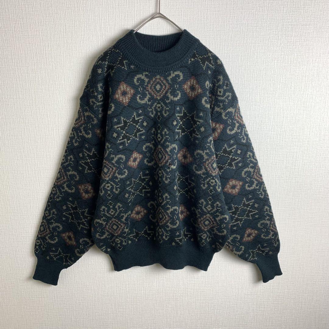 ニット ダークグリーン 総柄 パターン柄 お洒落 レトロ ウール ユニセックス メンズ 古着拍卖
