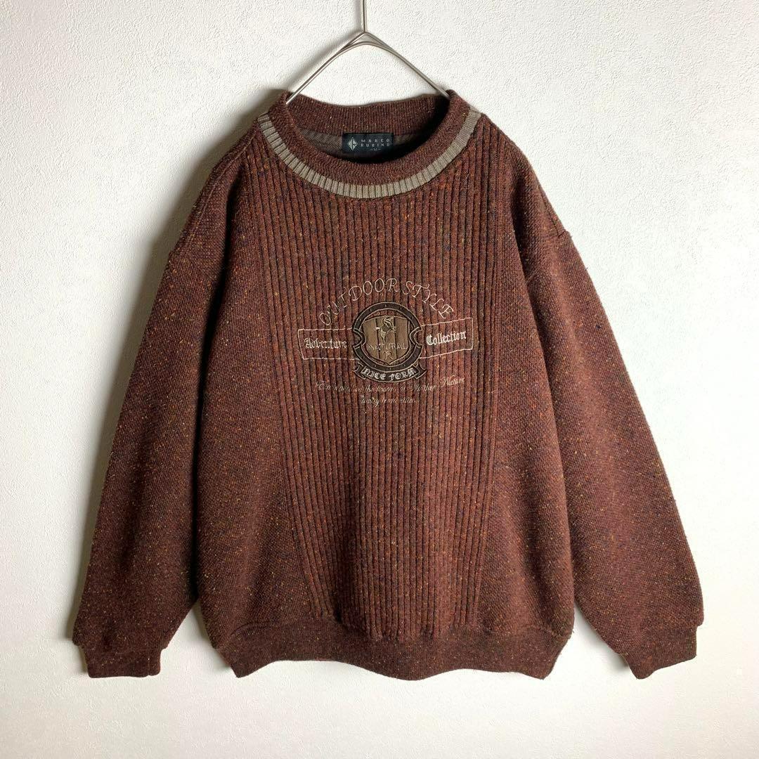 ニット セーター 刺繍 柄 赤茶 ブラウン系 アースカラー ネックライン おしゃれ メンズ ユニセックス 古着拍卖