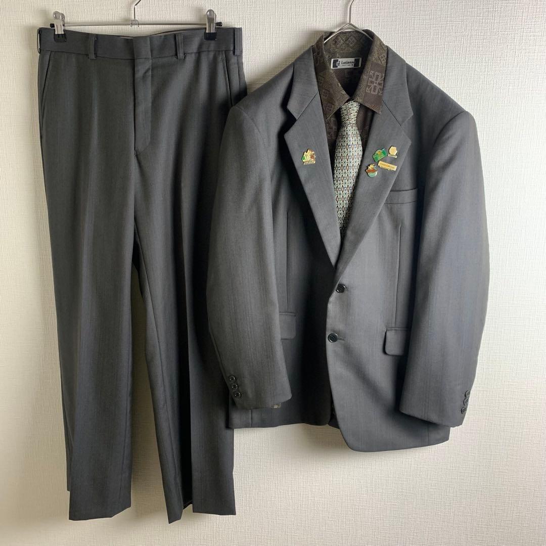 コーデ売り スーツ セットアップ ペンシルストライプ シングル 長袖シャツ ネクタイ 総柄 ダークカラー メンズ セレモニー ビジネス 古着拍卖