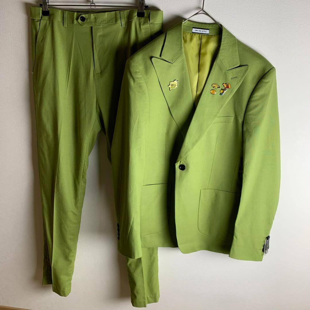 セットアップ スーツ ダブル仕様の襟で希少 ライトグリーン 黄緑 ダブルポケット メンズ 美品 ビジネス セレモニー お洒落 古着拍卖