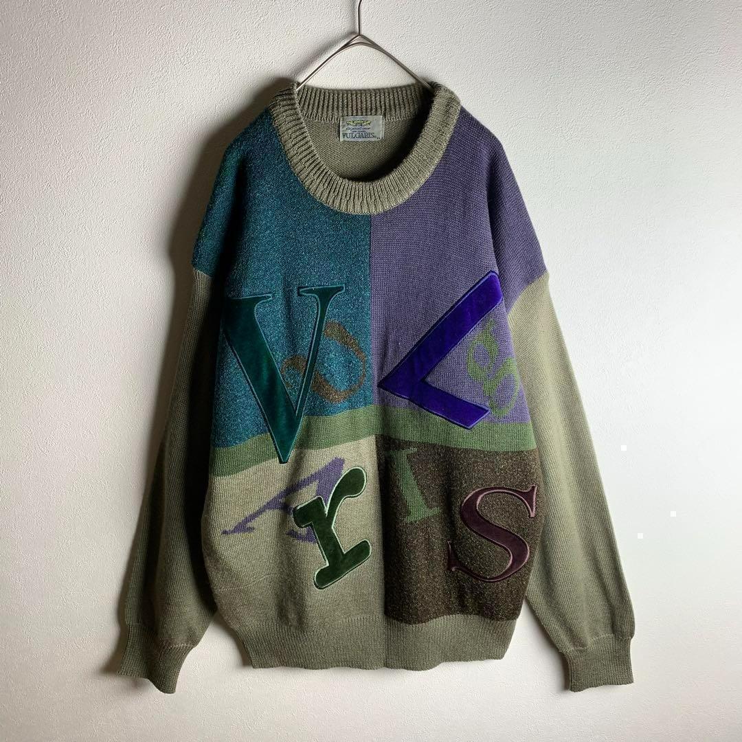 ニット セーター アップリケ アシンメトリー 英字 くすみ感 太アーム ゆるだぼ メンズ 古着拍卖