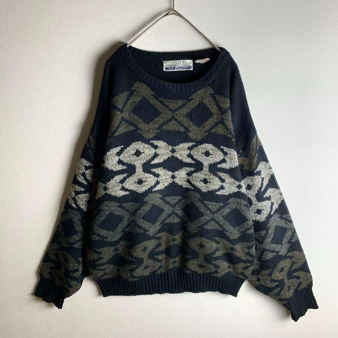 ニット セーター ダークカラー パターン柄 幾何学柄 総柄 レトロ ゆるだぼ メンズ ユニセックス 古着拍卖